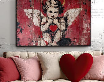 Rustic Valentine Cherub Canvas - Vintage Cupid Wall Art - Distressed Red Heart Angel Décor - Romantic Farmhouse Sign