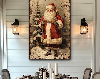 Décoration murale sur toile - Décoration de cheminée rustique et primitive pour Noël, style ferme/cottagecore - Petit et grand format - Père Noël victorien