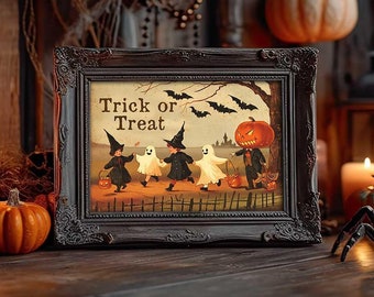 Primitive Victorian Halloween Decor - Unframed Art Print Decoration in Small or Large Sizes - Vintage Trick or Treat Parade of Children