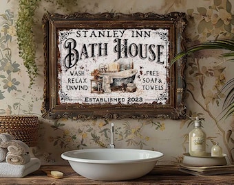Custom BATH HOUSE Bathroom Sign Decoration Modern Farmhouse Industrial Primitive Distressed Art - Unframed Print Small or Large Sized