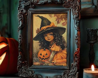 Puede incluir: Una ilustración enmarcada de una niña vestida de bruja sosteniendo una calabaza tallada. La niña lleva un sombrero de bruja negro con una cinta amarilla y un vestido marrón. La ilustración está sobre un fondo de hojas de otoño.