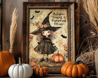 Primitive Victorian Fall Decor - Unframed Whimsical Wall Art Print - Cottagecore Mantle Decoration - Autumn Leaves & Pumpkins Please
