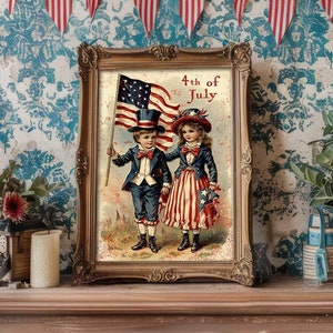 July 4th Patriotic Decor - Unframed Art Print - Independence Day Americana Mantle Decoration - Victorian Boy and Girl With American Flag