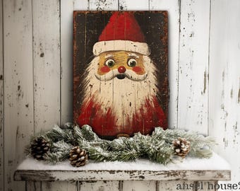 Décoration murale Père Noël - Toile tendue, impression d'art populaire, style rustique primitif, décoration de cheminée de Noël, style campagne, ferme, cottagecore
