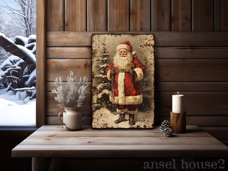 Canvas Wall Art - Primitive Rustic Christmas Mantle Decoration Farmhouse Cottagecore Decor - Small and Large - Victorian Santa afbeelding 13