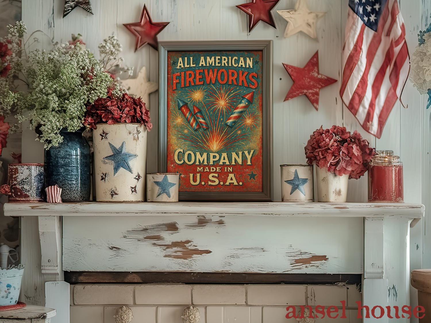 Primitive Americana Decor - Unframed Art Print - Mantle Decoration July ...