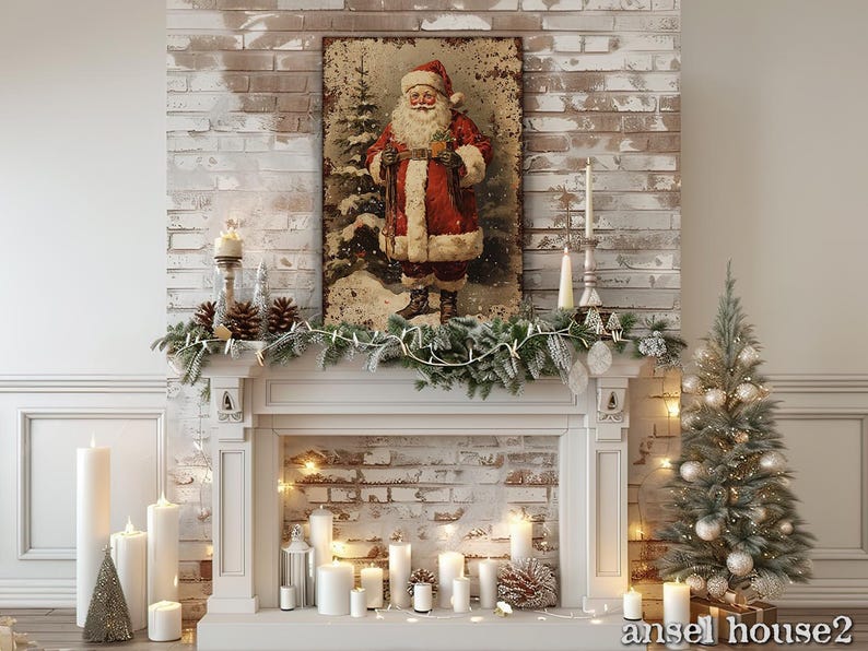 Canvas Wall Art - Primitive Rustic Christmas Mantle Decoration Farmhouse Cottagecore Decor - Small and Large - Victorian Santa afbeelding 10