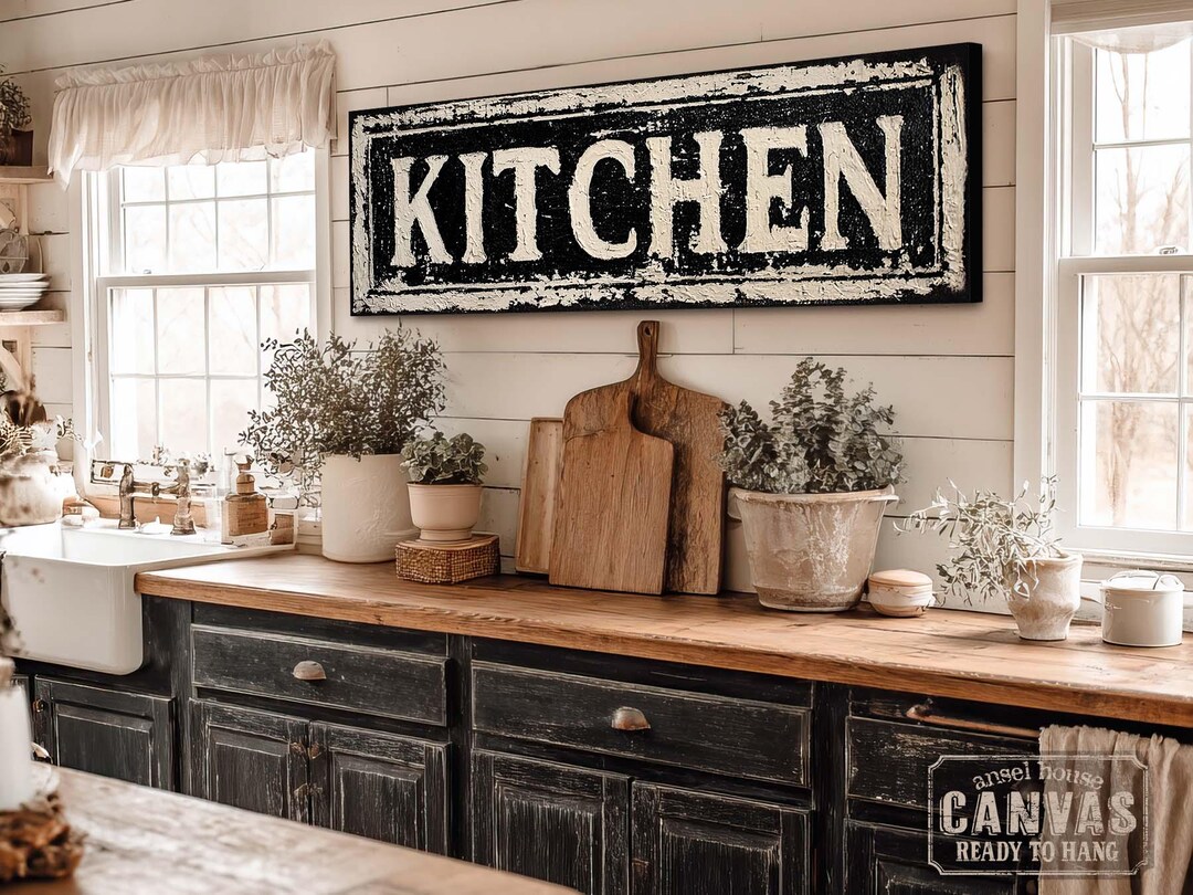 Vintage KITCHEN Sign Canvas, Rustic Farmhouse Word Art, Distressed ...