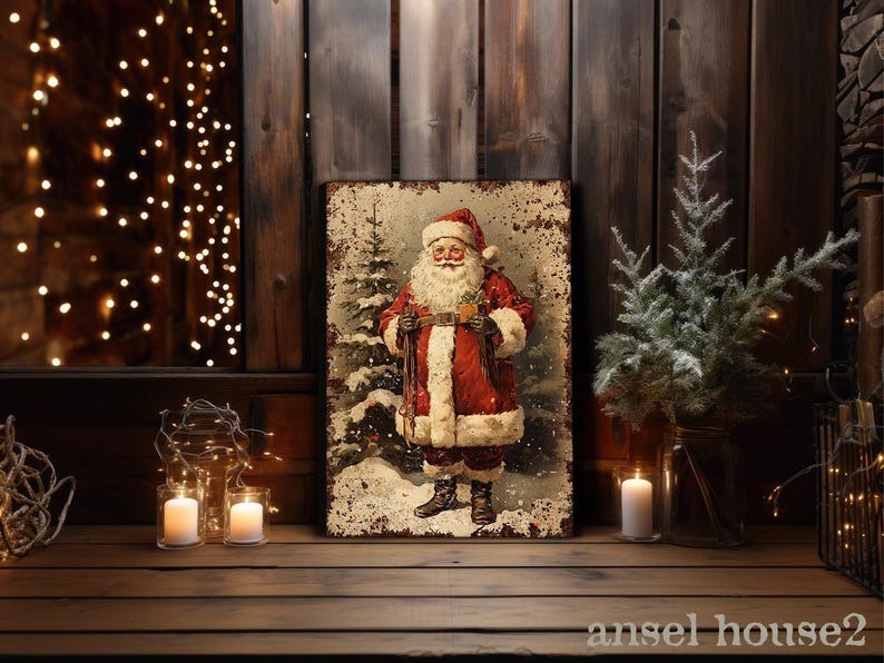 Canvas Wall Art - Primitive Rustic Christmas Mantle Decoration Farmhouse Cottagecore Decor - Small and Large - Victorian Santa afbeelding 6
