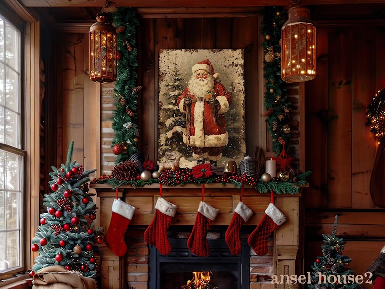 Canvas Wall Art - Primitive Rustic Christmas Mantle Decoration Farmhouse Cottagecore Decor - Small and Large - Victorian Santa afbeelding 8
