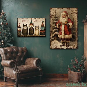 Canvas Wall Art - Primitive Rustic Christmas Mantle Decoration Farmhouse Cottagecore Decor - Small and Large - Victorian Santa afbeelding 16