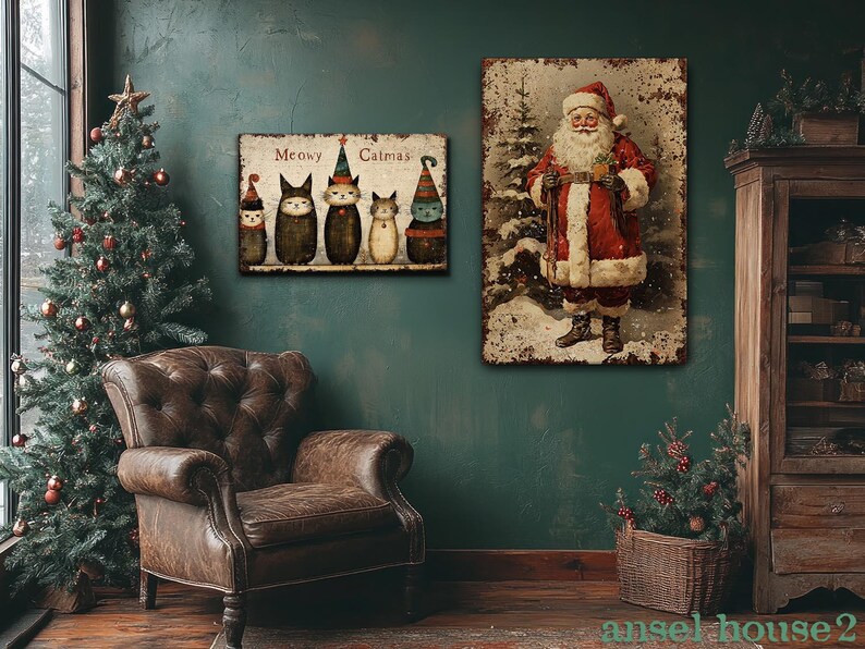 Canvas Wall Art - Primitive Rustic Christmas Mantle Decoration Farmhouse Cottagecore Decor - Small and Large - Victorian Santa afbeelding 16