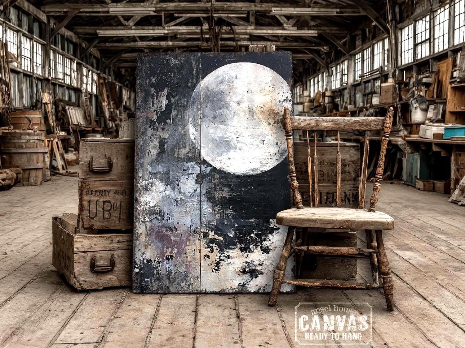 Rustic Moon Rustic Full Moon Abstract Cloud Canvas Wall Art - Vintage Moody Lunar ...