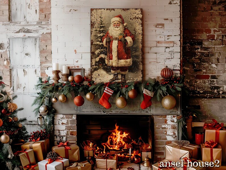Canvas Wall Art - Primitive Rustic Christmas Mantle Decoration Farmhouse Cottagecore Decor - Small and Large - Victorian Santa afbeelding 12