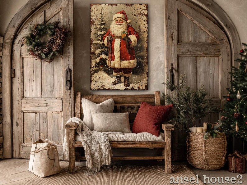 Canvas Wall Art - Primitive Rustic Christmas Mantle Decoration Farmhouse Cottagecore Decor - Small and Large - Victorian Santa afbeelding 5