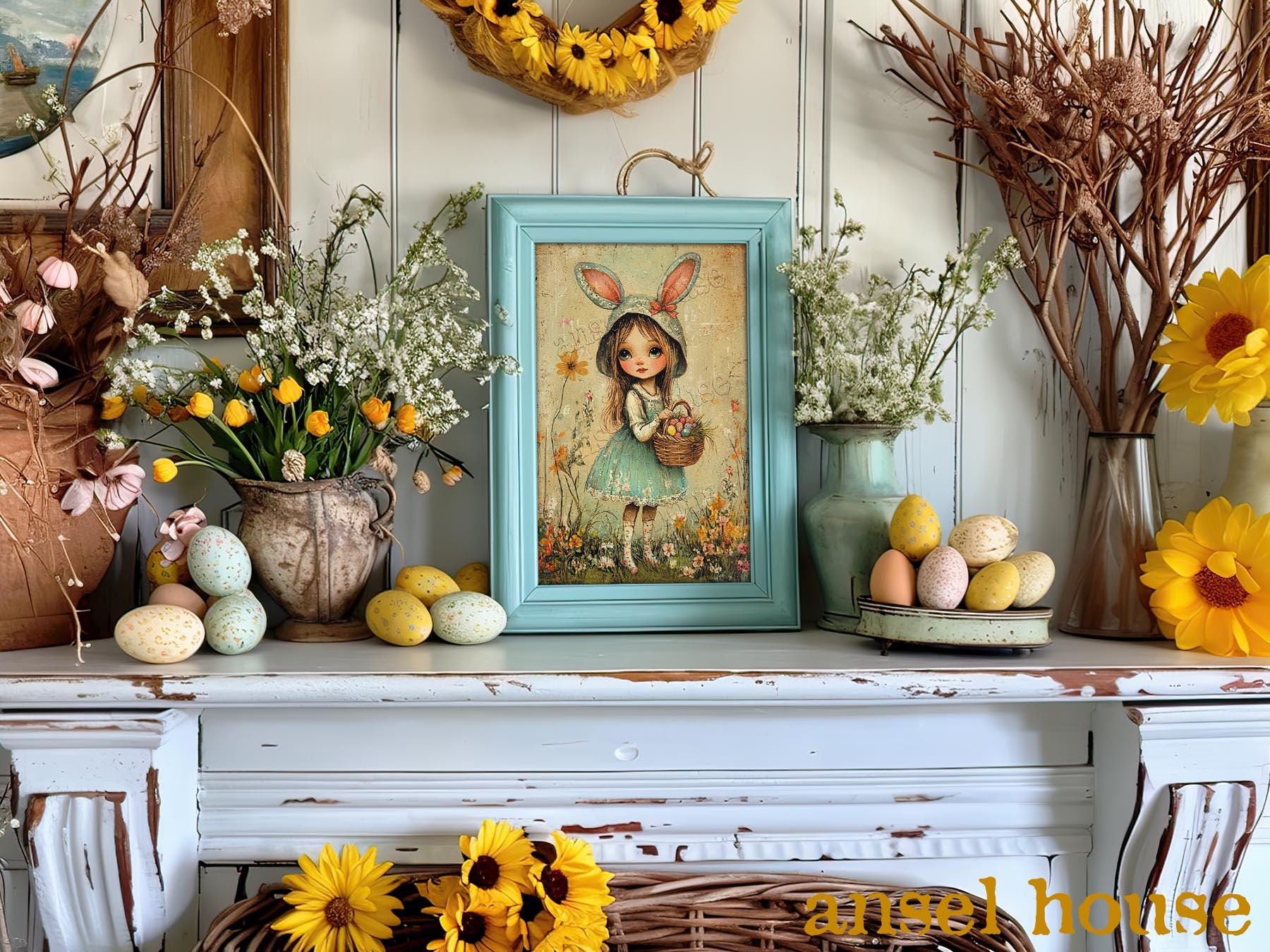 Retro Easter Spring Primitive Retro Easter Spring Decor - Unframed Art Print Vintage Retro ...