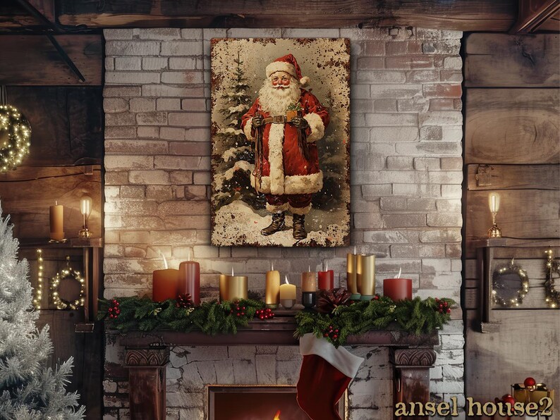 Canvas Wall Art - Primitive Rustic Christmas Mantle Decoration Farmhouse Cottagecore Decor - Small and Large - Victorian Santa afbeelding 18