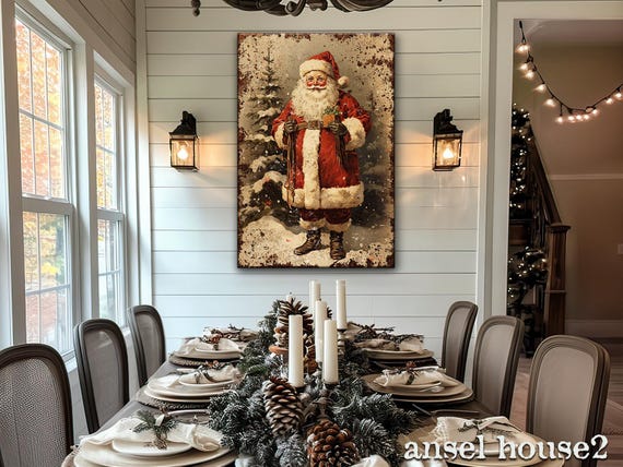 Canvas Wall Art - Primitive Rustic Christmas Mantle Decoration Farmhouse Cottagecore Decor - Small and Large - Victorian Santa