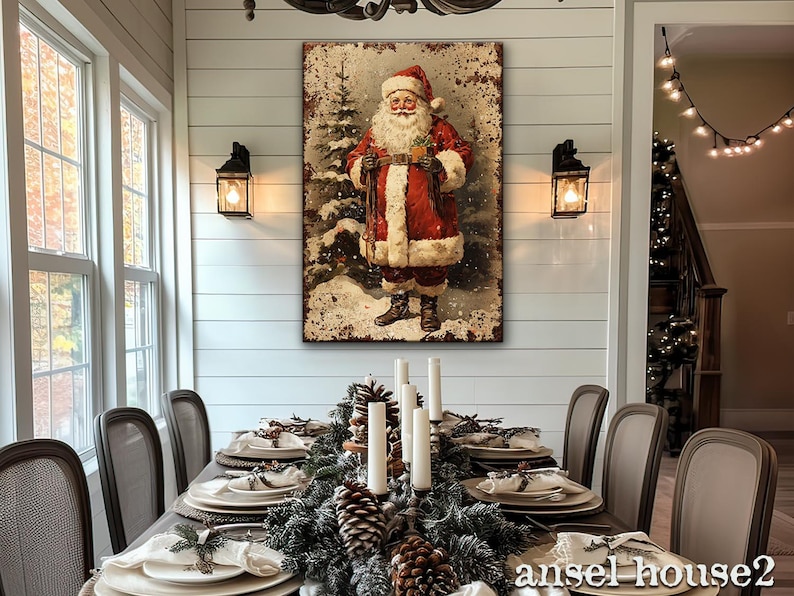 Canvas Wall Art - Primitive Rustic Christmas Mantle Decoration Farmhouse Cottagecore Decor - Small and Large - Victorian Santa afbeelding 1