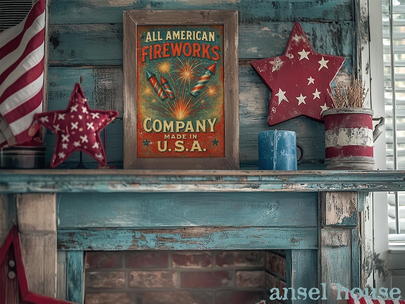 Primitive Americana Decor - Unframed Art Print - Mantle Decoration July ...