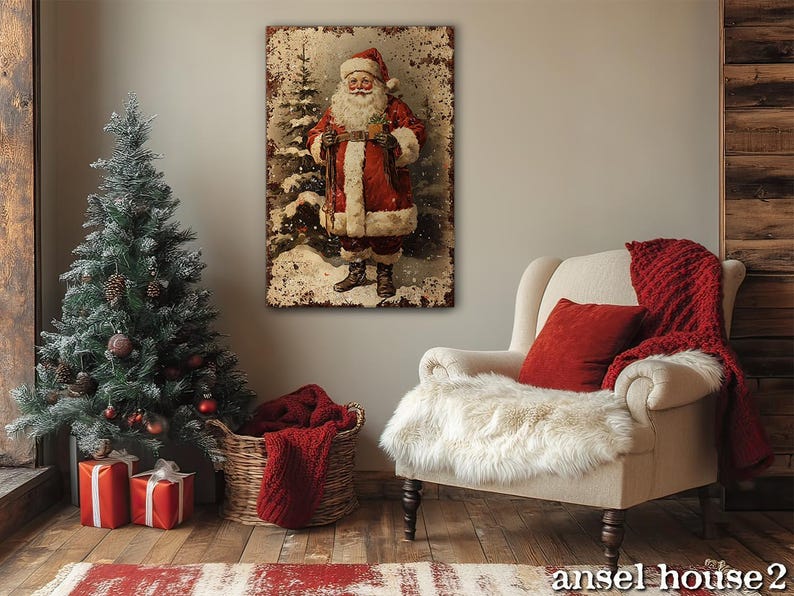 Canvas Wall Art - Primitive Rustic Christmas Mantle Decoration Farmhouse Cottagecore Decor - Small and Large - Victorian Santa afbeelding 17
