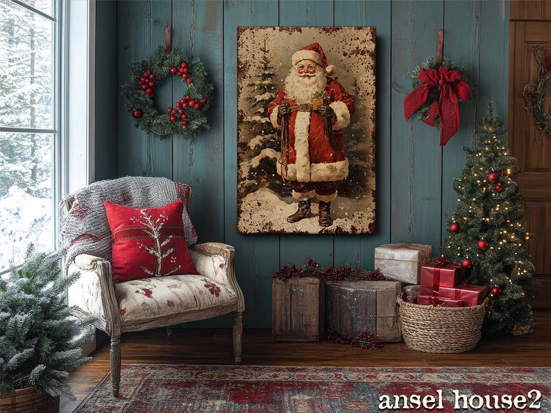 Canvas Wall Art - Primitive Rustic Christmas Mantle Decoration Farmhouse Cottagecore Decor - Small and Large - Victorian Santa afbeelding 19