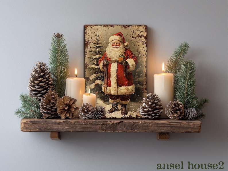 Canvas Wall Art - Primitive Rustic Christmas Mantle Decoration Farmhouse Cottagecore Decor - Small and Large - Victorian Santa afbeelding 4