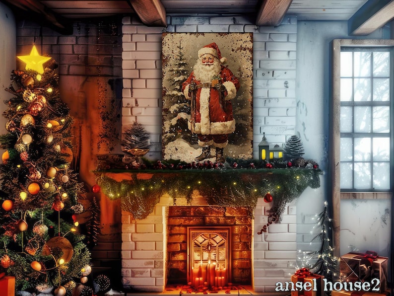 Canvas Wall Art - Primitive Rustic Christmas Mantle Decoration Farmhouse Cottagecore Decor - Small and Large - Victorian Santa afbeelding 20