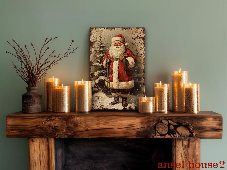 Canvas Wall Art - Primitive Rustic Christmas Mantle Decoration Farmhouse Cottagecore Decor - Small and Large - Victorian Santa afbeelding 9