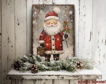 Canvas Wall Art - Primitive Rustic Christmas Mantle Decoration Farmhouse Cottagecore Decor - Small and Large - Cute Santa