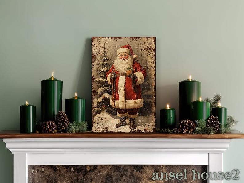 Canvas Wall Art - Primitive Rustic Christmas Mantle Decoration Farmhouse Cottagecore Decor - Small and Large - Victorian Santa afbeelding 11