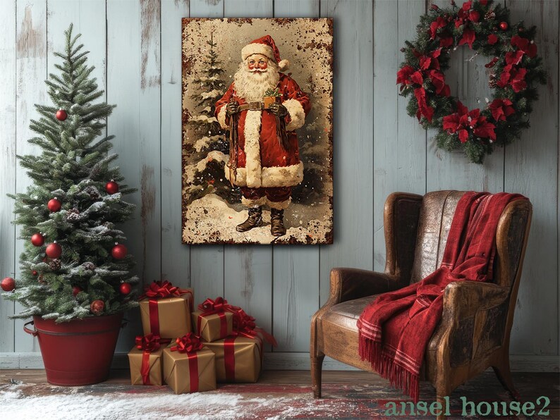 Canvas Wall Art - Primitive Rustic Christmas Mantle Decoration Farmhouse Cottagecore Decor - Small and Large - Victorian Santa afbeelding 7