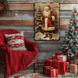 Canvas Wall Art - Primitive Rustic Christmas Mantle Decoration Farmhouse Cottagecore Decor - Small and Large - Victorian Santa afbeelding 14