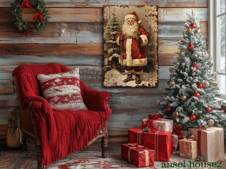 Canvas Wall Art - Primitive Rustic Christmas Mantle Decoration Farmhouse Cottagecore Decor - Small and Large - Victorian Santa afbeelding 14