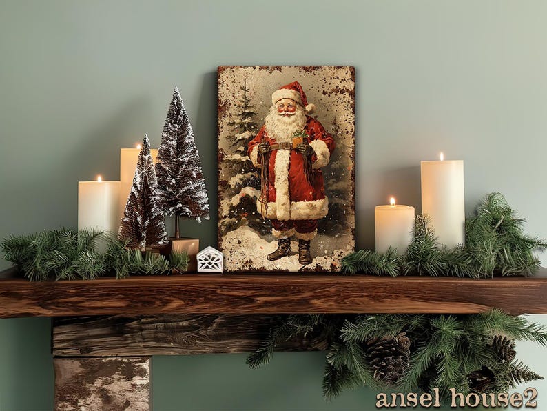Canvas Wall Art - Primitive Rustic Christmas Mantle Decoration Farmhouse Cottagecore Decor - Small and Large - Victorian Santa afbeelding 15