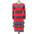Vintage Dress 1980s Red Gray Stripe Knit Ruffle Tier Small