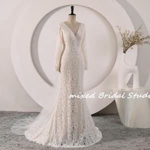Long Sleeve Lace Wedding Dress, Deep V Neck Mermaid Bridal Gown, Vintage Boho Lace Gown, Custom Romantic Bride Dress