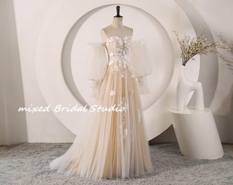 Champagne Tulle Wedding Dress, Strapless Floral Applique Bridal Gown, Detachable Puff Sleeves, Lace Up Back Custom Bride Dress