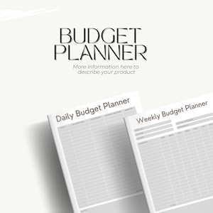 May include: A printable budget planner with two pages, one for daily budgeting and one for weekly budgeting. The daily budget planner has columns for date, description, category, payment method, and amount. The weekly budget planner has columns for week of, income, budget, expenses, and actual expenses. Both pages have a gray background and black text.