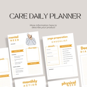 Könnte beinhalten: Ein weißer Care Daily Planner mit orangefarbenen Akzenten. Der Planer enthält Abschnitte für mentale und körperliche Bedürfnisse, Yoga-Vorbereitung und monatliche Aktionspläne. Der Text enthält "Therapie" und "Checkliste".