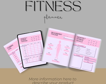 May include: A pink and white fitness planner with sections for monthly fitness goals, a measurement tracker, and a running log. The planner has the text "FITNESS planner" at the top.
