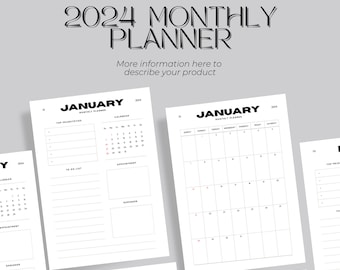 May include: A black and white printable 2024 monthly planner with pages for January, February, and March. Each month has a calendar grid, a to-do list, appointment section, and reminder section.