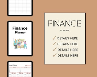 Puede incluir: Un planificador digital con el título "Finance Planner" y una ilustración de dibujos animados de personas trabajando en una computadora con gráficos y tablas. El planificador incluye secciones para finanzas anuales, objetivos financieros y pasos a seguir.