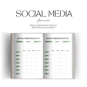 May include: A social media planner with a green and white design. The planner has sections for target reach, impressions, profile clicks, stories, reels, live posts, and carousels. The planner is divided into days of the week, from Sunday to Saturday.