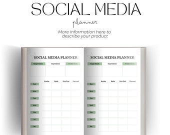 Peut inclure: Un planificateur de médias sociaux avec un design vert et blanc. Le planificateur comprend des sections pour la portée cible, les impressions, les clics sur le profil, les stories, les reels, les publications en direct et les carrousels. Le planificateur est divisé en jours de la semaine, du dimanche au samedi.