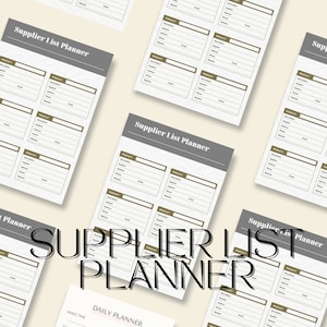 May include: A printable supplier list planner with a gray and white background. The planner has a title that says "Supplier List Planner" and includes sections for product, description, supplier, address, phone, email, and website.