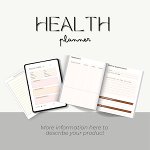 Pode incluir: Um planejador de saúde com três páginas: uma página de notas sobre medicamentos, uma página de visitas ao médico e uma página de compromissos médicos. As páginas são brancas com detalhes marrons e rosados. O planejador é intitulado "HEALTH planner".