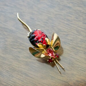Peut inclure: Une broche dorée avec un motif d'insecte rouge et noir. L'insecte a des ailes ornées de strass et une longue queue.