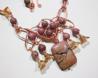 Celtic Woman's Knot -- Rhodonite and glass flower necklace set