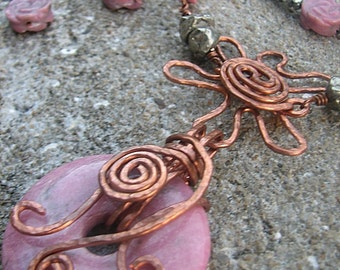 Rhodonite, Pyrite, and Copper flowerish flourish necklace set